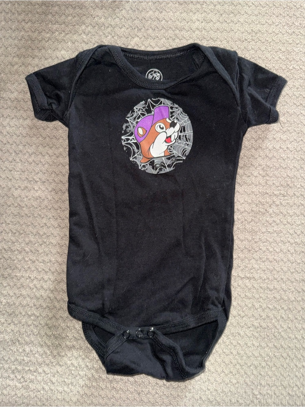 Black Baby One-Piece Bodysuit with Purple-Accented Character Graphic